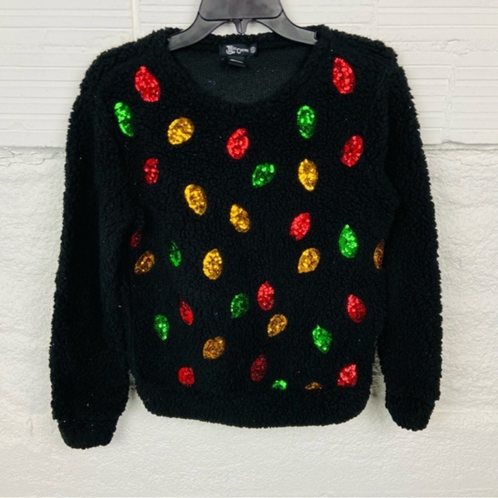 MISS CHIEVOUS black fleece sequins Christmas lights holiday sweater size small